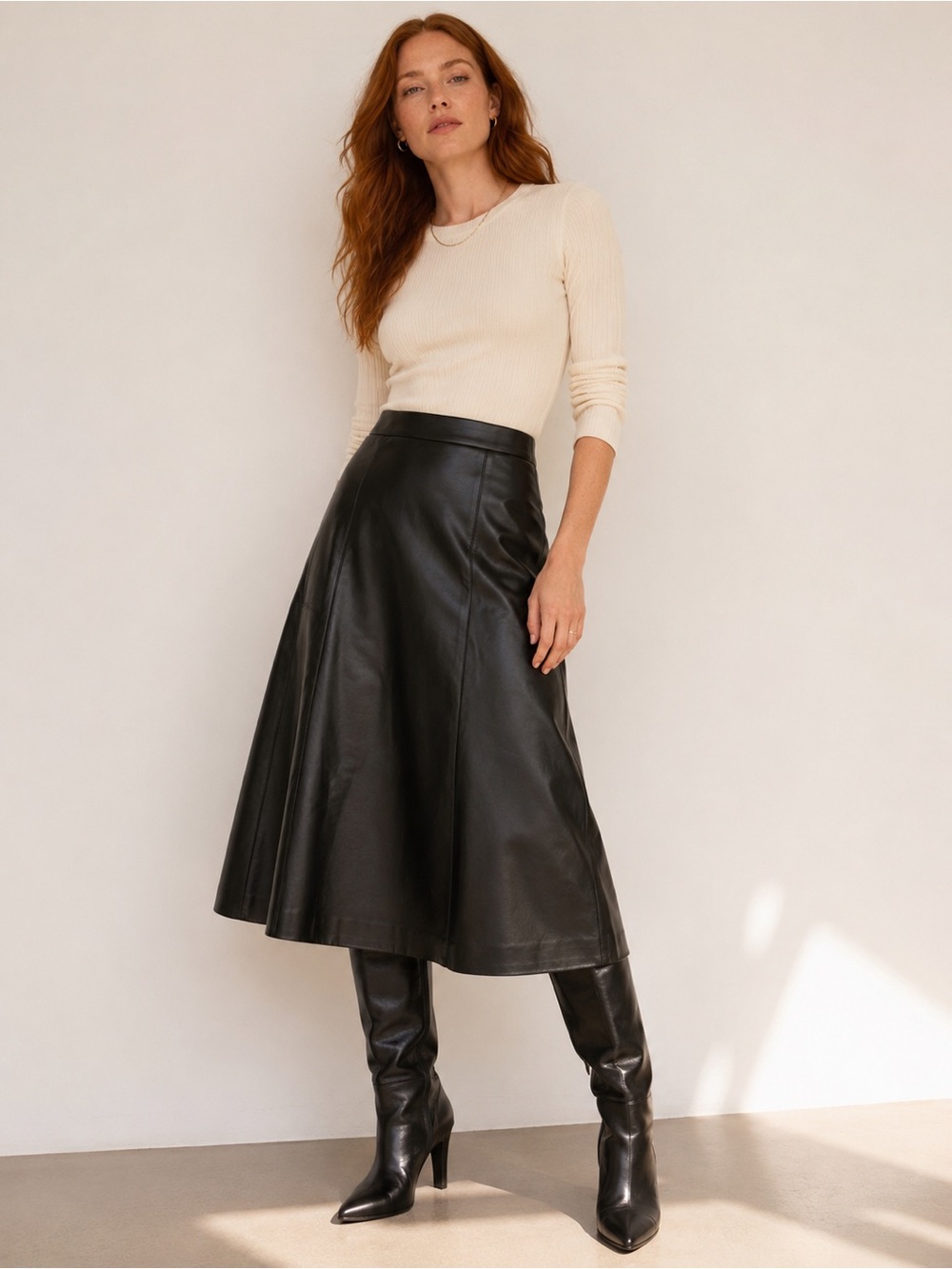 RW&CO Black Faux Leather A-Line Midi Skirt Size 8